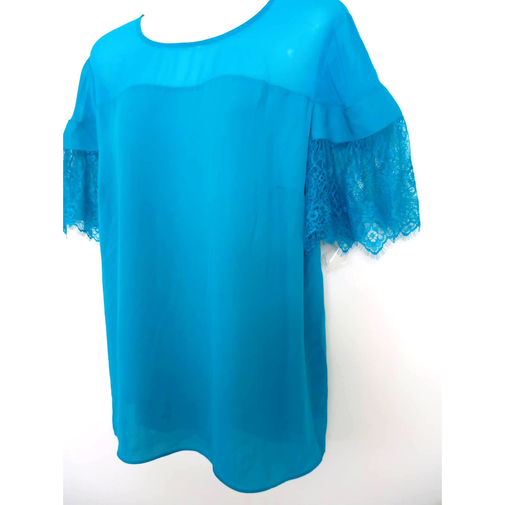NWT Worthington Womens Sheer Lace Sleeve Teal Top - Picture 3 of 6